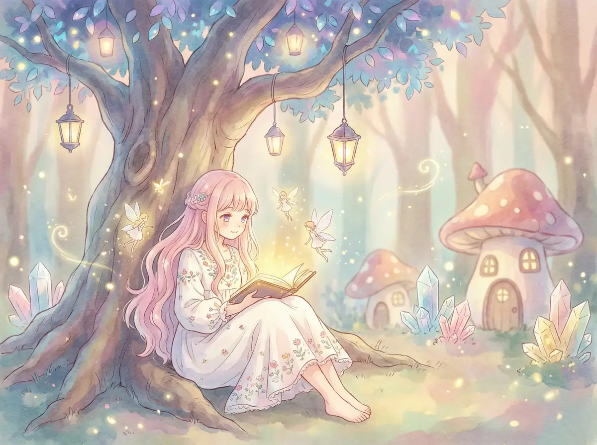 一路向西 电影网 - 魔法森林中阅读故事书的粉发少女与精灵